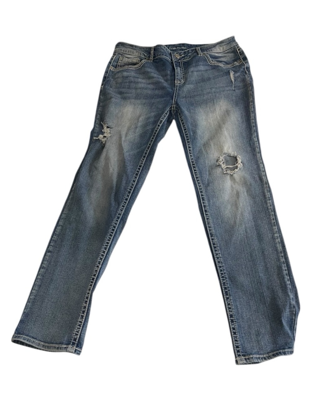 Maurices Women's Washed Blue Straight-Leg Jeans with Distressed Knees Sz 14